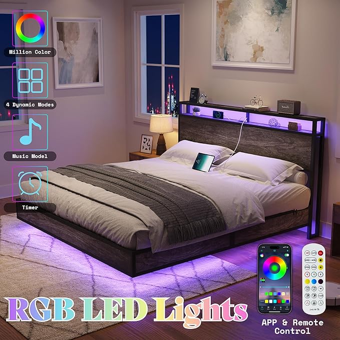 AMERLIFE King Size Floating Bed Frame with 2-Tier Storage Headboard, Metal Bed Frame with Charging Station & LED Lights, No Box Spring Needed, Rustic Grey