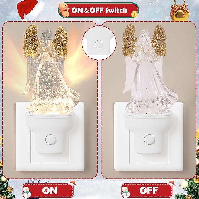 1 Pack Christmas Angel Night Light Plug into Wall Glitter Water Nightlight with USB/Outlet Options, Christmas Decorative Nightlight for Bedroom Kitchen Nursery Holiday Decorations Gifts (Angel)