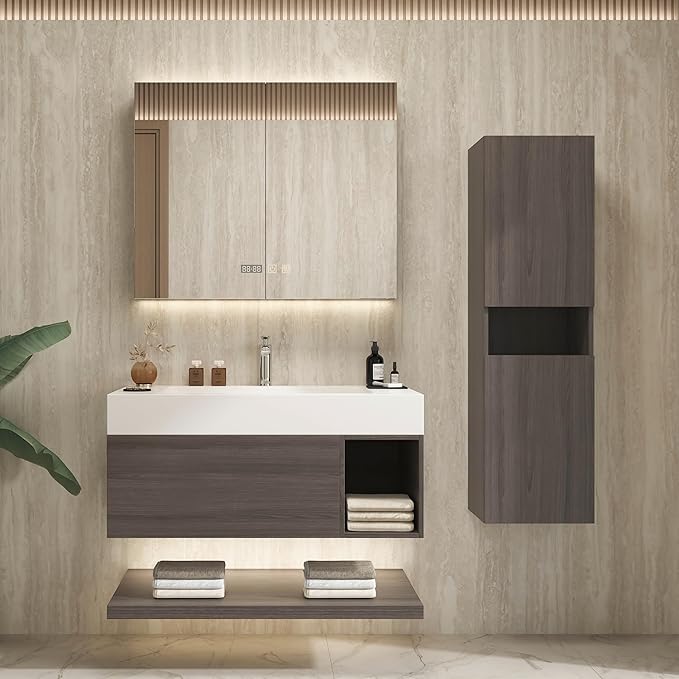 48" Modern Floating Bathroom Vanity Set with Sink, Side Cabinet, LED Smart Mirror Cabinet, Soft-Close Drawer & Open Storage Shelves, Grey Oak