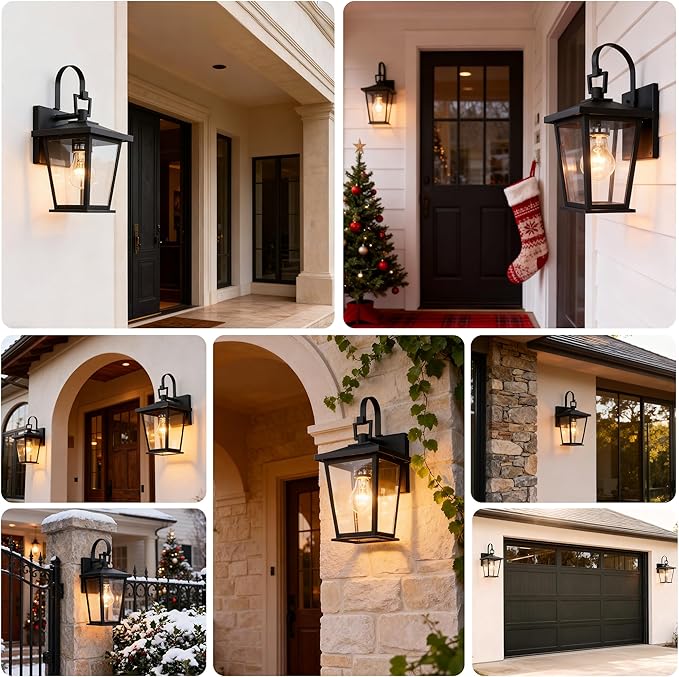 Kalium Outdoor Light Fixtures Wall Mount, Waterproof Exterior Wall Lanterns with Glass, Matte Black, Outside Wall Sconces, Front Porch Lighting for House Garage Doorway Patio 12.5 in