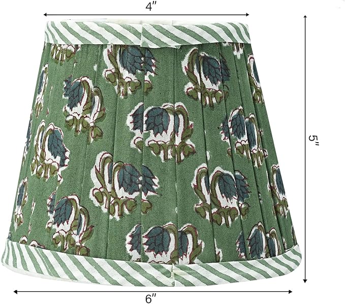 Ridhi Pleated Block Print Lamp Shade Basil Green Floral Medium 4" Top x 6" Bottom x 5" High Spider with Harp and Finial Fitting