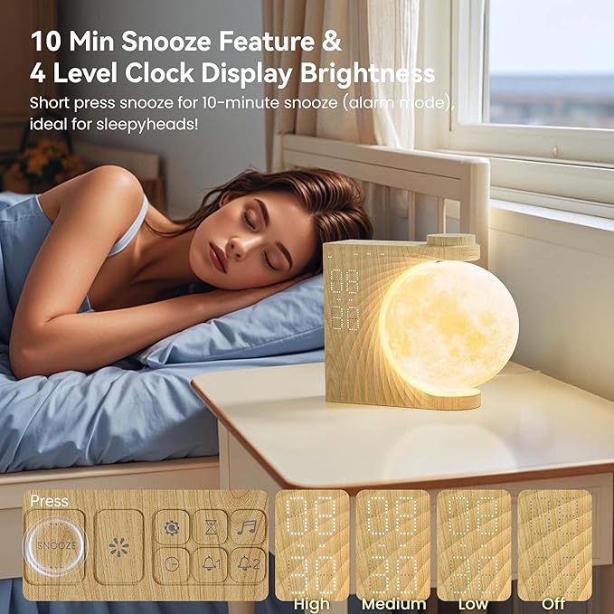 Rotatable Moonlight Alarm Clock, Sunrise Alarm Sleep Sound Machines, Night Lamp for Bedrooms with Snooze Function, 10 Light Effects, 30/60/90 Timer, 10 Sleep Nature Sounds, 15 Ringtones, 12 Volume