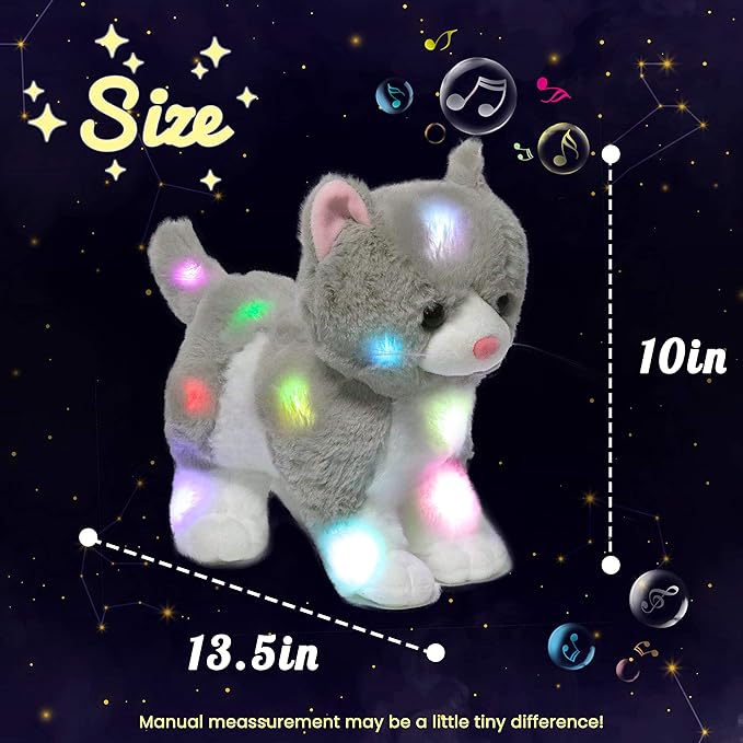 Hopearl LED Musical Stuffed Kitty Light up Singing Plush Cat Adjustable Volume Lullaby Animated Soothe Birthday Gifts for Kids Toddler Girls, Grey, 13.5''
