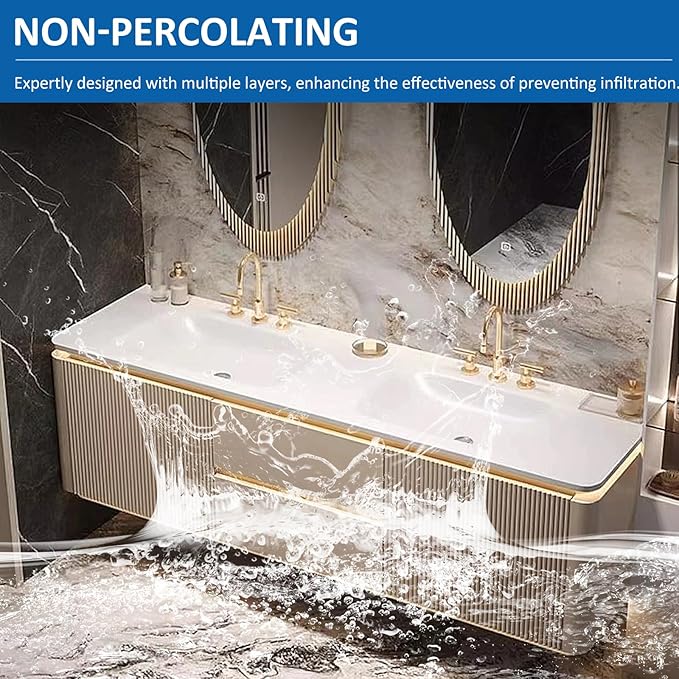Double Sink Bathroom Vanity - 2 Smart LED Defog Mirror | Ambient Lighting & Striped Door Panel & Multilayer Wood Board, Floating Freestanding Bathroom Vanity (72'')