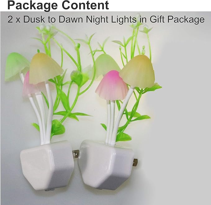AUSAYE 2 Pack LED Sensor Night Light Plug-in NightLight Color Changing Lamp Mushroom Decor, Mini Cute Night Lights for Kids Adults Bedroom,Toilet, Bathroom, Stairs, Kitchen, Hallway