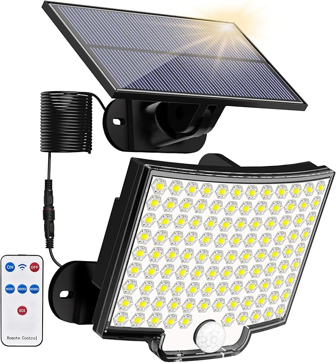 Solar Lights Outdoor, 106 LED 3000LM Solar Powered Motion Sensor Flood Lights with Remote, Dusk to Dawn Led Solar Security Wall Lights with 16.5Ft Cable IP65 Waterproof for Outside, Garage, 1 Pack