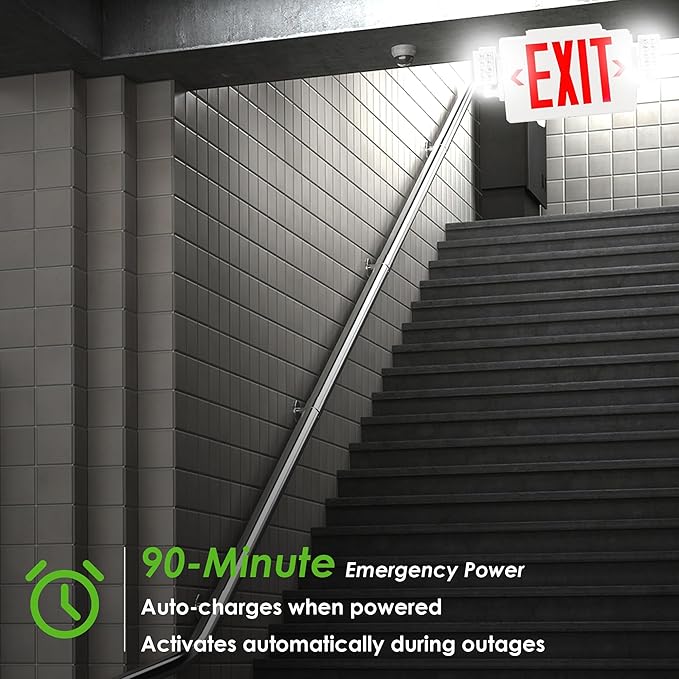 Gruenlich LED Combo Exit Sign, Emergency Light with 2 Adjustable Heads and Double Face, Back Up Batteries- US Standard Red Letter EXIT, UL 924 Qualified, 120-277 Voltage, 4-Pack