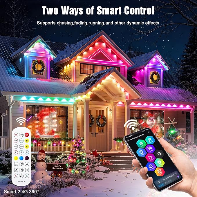 JOH Permanent Outdoor Lights, 100FT RGB+IC Smart LED Outdoor Lights with App/Remote Control, DIY Scene Modes Lighting & IP67 Waterproof, Eaves Light for Christmas, Holiday, Daily Decorations