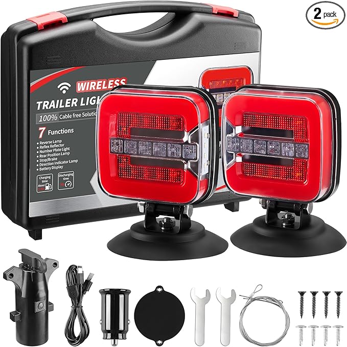 Wireless Trailer Lights Magnetic - Adjustable Magnetic Tow Light with 2 Mounting Options Rechargeable Towing Tail Light Kit Reverse Light for Trucks, Boat, RV, Vehicle, Caravan