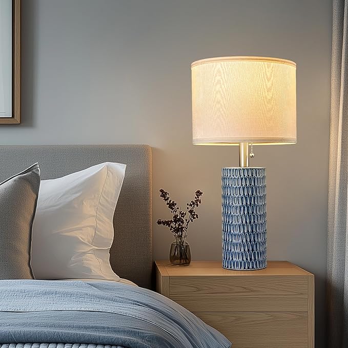 Table Lamps for Living Room Set of 2, Ceramic Table Lamps for Bedroom, 20" Modern Lamps for Night Stands, Dark Blue