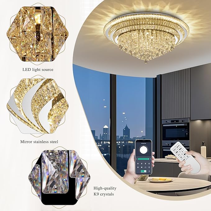 COCOSTAR Sliver Elegant LED Crystal Raindrop Ceiling Light with Remote and APP, 40" Modern Flush Mount Chandelier Light Fixture, 3CCT Dimmable, for Living Room Kitchen Island Bedroom Entryway Foyer