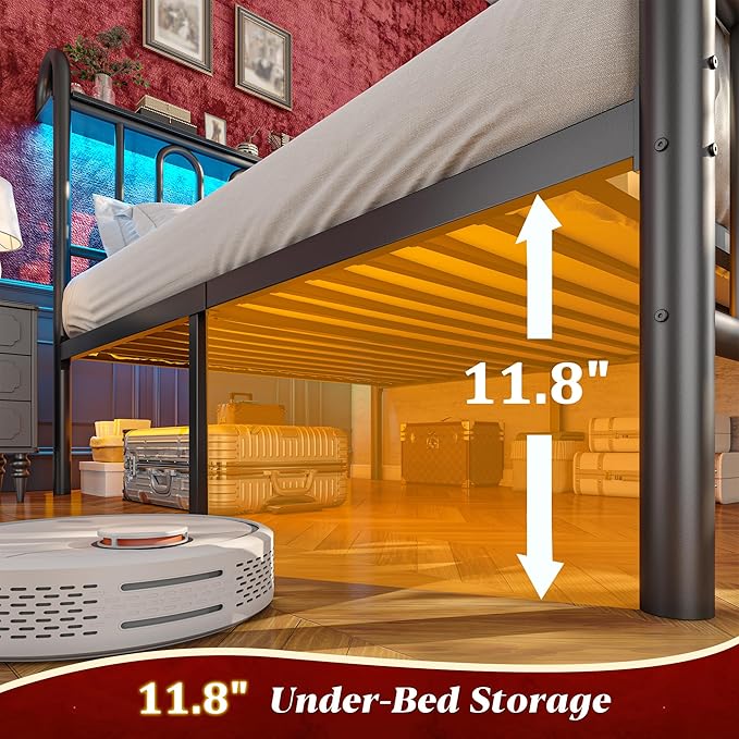 Twin Bed Frame Metal Platform Bed Frame/Victorian Headboard and Footboard/LED Light/Sturdy Mattress Foundation with Under Bed Storage/No Box Spring Needed/Noise-Free/Easy Assembly, Black