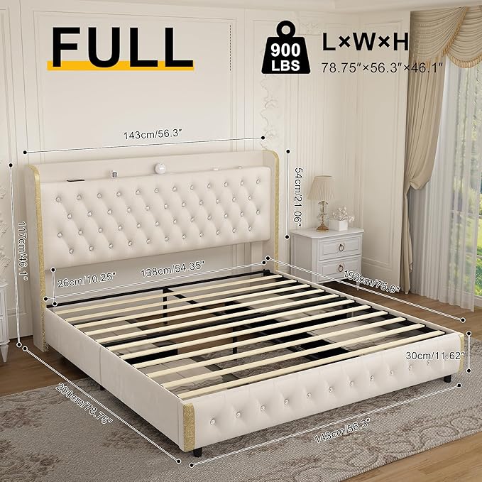 Full Wingback Modern Platform Bed with Galaxy Projector, 4 Dust-Proof Storage Drawers, LED Bed Frame, USB Ports, No Box Spring Needed & Noise-Reduction Sturdy Wood Slats, Velvet Cream