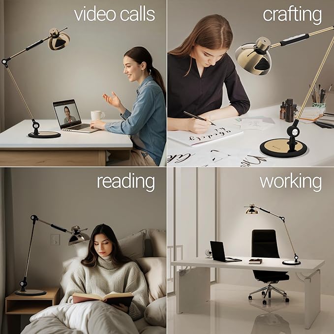 OTUS Desk Lamp for Home Office | Tall LED Architect Desk Light with Gesture Control & Touch | 1500 Lux Eye-Caring Dimmable for Study, Reading, Video Calls | 12 Levels & 3 Colors | Brass Swing Arm Lamp