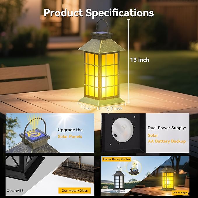 2 Pack 13" Bronze Solar Lantern with Flickering Flame Candle | Outdoor Waterproof Hanging Lanterns, Metal & Glass Solar Lights for Garden Decoration, Rustic Gifts for Mom