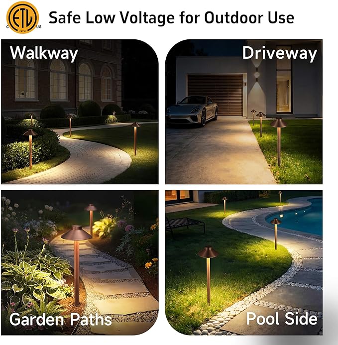 Gardenreet Brass Copper Low Voltage Pathway Lights, Waterproof Landscape Outdoor Path Light, 12V LED Bronze Hat Top Driveway Lamp for Garden Yard House with 3W 270LM 5000K G4 Bulb 6 Pack