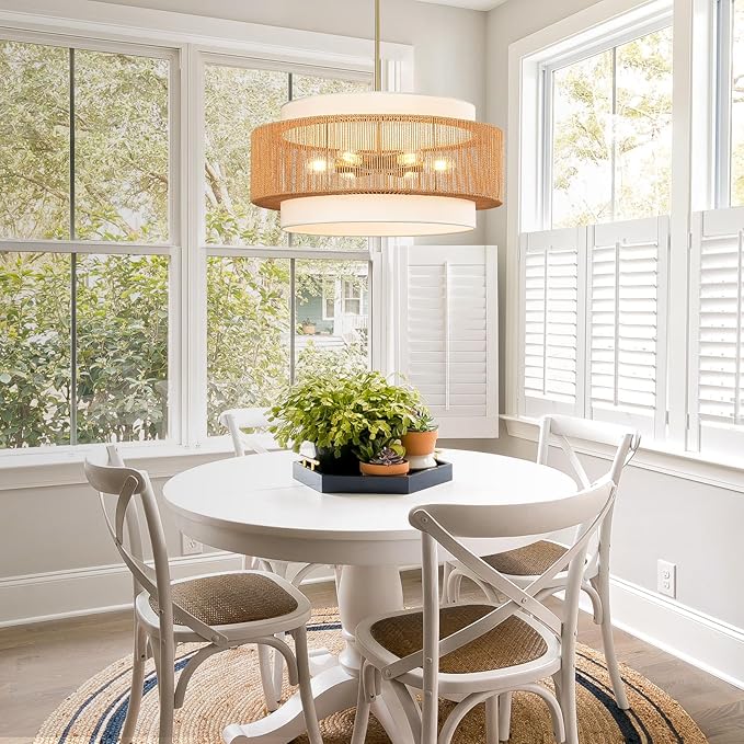 25.6" Rattan Chandelier, 6-Light Large Rattan Pendant Light with Fabric Lampshade, Farmhouse Boho Light Fixture Ceiling Hanging for Dining Room, Living Room, Bedroom, Kitchen Island, Hallway, Foyer