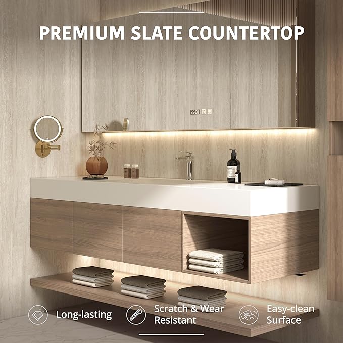 72" Modern Floating Bathroom Vanity Set with Sink, Side Cabinet, LED Smart Mirror Cabinet, 3 Soft-Close Drawers & Open Storage Shelves, Light Walnut