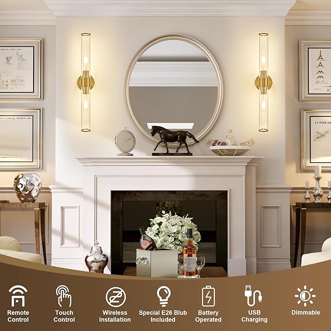 Gold Battery Operated Wall Sconces Set of 2, Rechargeable Wall Lights with Remote Control, 20 Inch Modern Wireless Wall Lamp for Bedroom, Living Room with Clear Glass Shade (Bulbs Included)