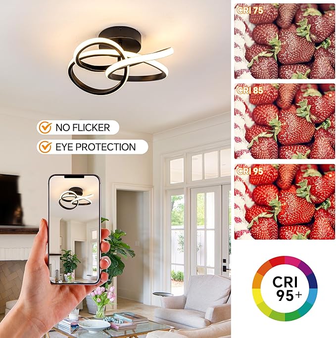 Modern Ceiling Light, 36W LED Dimmable Ceiling Light with Remote Control, 3000-6000K Color Temperature Changing, Black Small Chandelier for Bedroom, Entryway, Hallway, Kitchen
