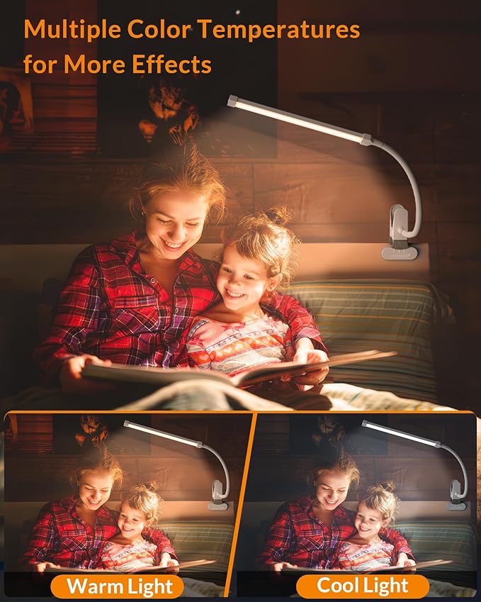 LEPOWER Led Clip on Light, 5W Reading Lights for Books in Bed with Gooseneck, Adjustable Color Temperature Clip Lamp, Ideal for Bedtime Reading and Piano Light, Metal, White