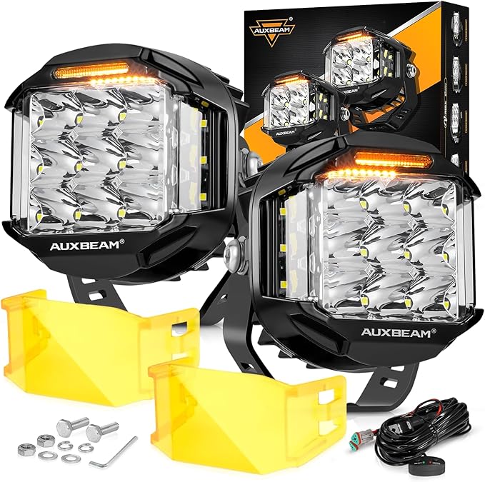 Auxbeam 5" 168W Round LED Offroad Light Pod with Amber DRL, V-MAX Series 16440LM Side Shooter LED Offroad with 270° Beam & Amber Covers, Auxiliary Driving Light for Truck ATV Jeep Ford
