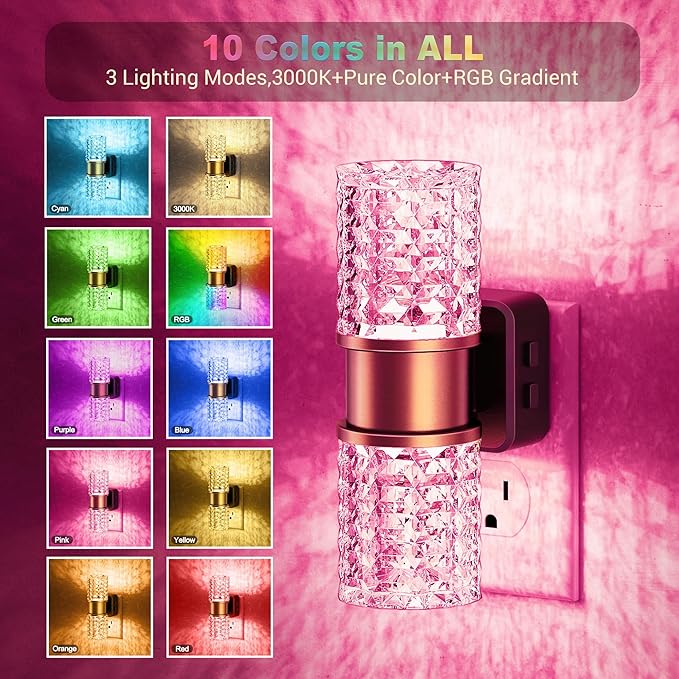 JandCase Night Lights Plug into Wall,Color Changing Night Light for Kids, 3000K+RGB LED Nightlight with Dusk to Dawn Sensor, 10/50/100LM Adjustable Brightness for Rooms Decor