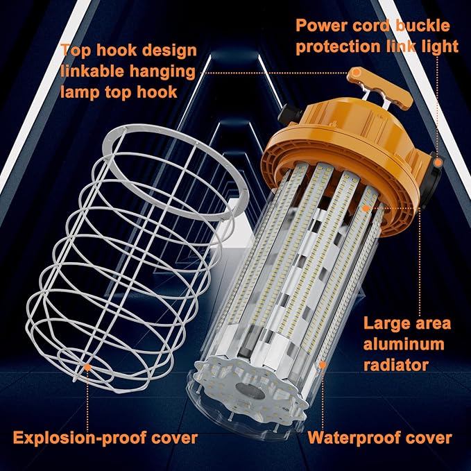 150W LED Temporary Work Light Fixture 24000 Lumen Daylight White 5000K IP64 Dust & Waterproof Stainless Steel Protective Cover for High Bay Construction Jobsite Workshop (150)