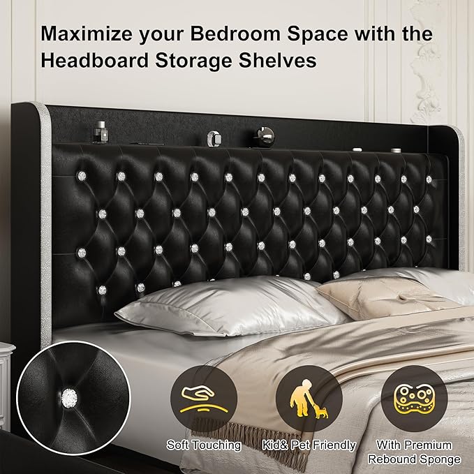 Queen Wingback Modern Platform Bed with Galaxy Projector, 4 Dust-Proof Storage Drawers, LED Bed Frame, USB Ports, No Box Spring Needed & Noise-Reduction Sturdy Wood Slats, PU Black