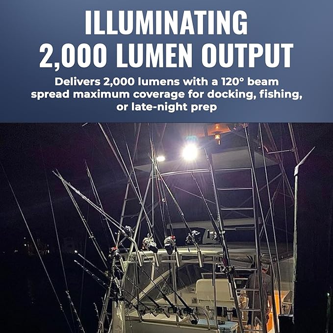 Black Oak Low Pro™ Waterproof Marine Spreader Lights – LED Deck or Dock Light Bar, 2000 Lumens, 120° Beam, IP69K, Bracket Mount (White Housing, Blue Halo)