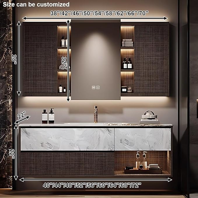 44 Inch Stripe Bathroom Vanity - Modern Luxury Floating Bathroom Vanity with Sink,Smart Defogging LED Mirror & Adjustable Mirror Panels,Textured Door and Ample Storage,Ambient Light Strip