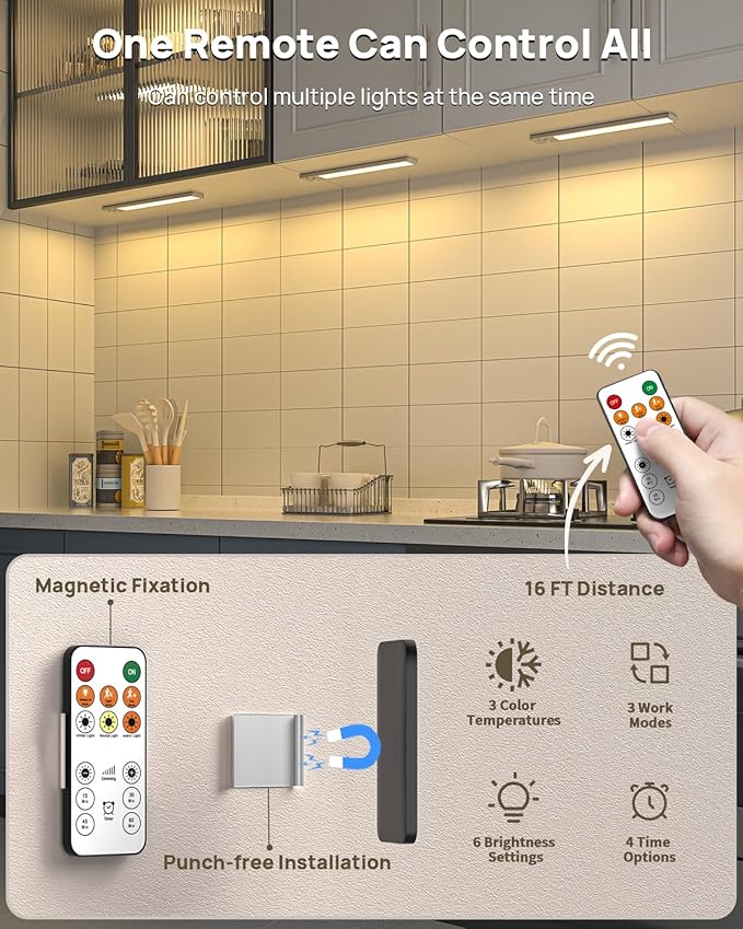 Under Cabinet Lights with Remote Control,2500mAh USB Rechargeable Motion Sensor Light Indoor,350 Lumen LED Closet Light,3 Color Temps Wireless Under Counter Lights for Kitchen, Wardrobe,Hallway,7 Pack