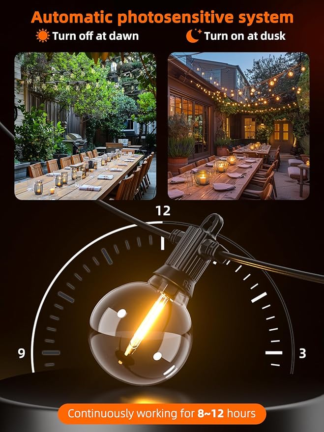 Kawaya Solar Powered String Lights for Outside, Outdoor IP65 Waterproof LED Patio Light with USB-Charging, Shatterproof Edison Hanging Lights for Bistro Yard Cafe Porch Camping (Solar-Power 100FT)