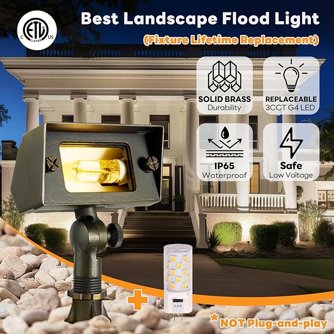 Gardenreet Solid Brass Flood Lights - Landscape Low Voltage LED Wall Wash Lights 12V, Hardwired Waterproof for Garden Tree Yard with 3W 270LM Adjustable 3 Color Temp(2700K/3000K/4000K) G4 Bulb 4 Pack