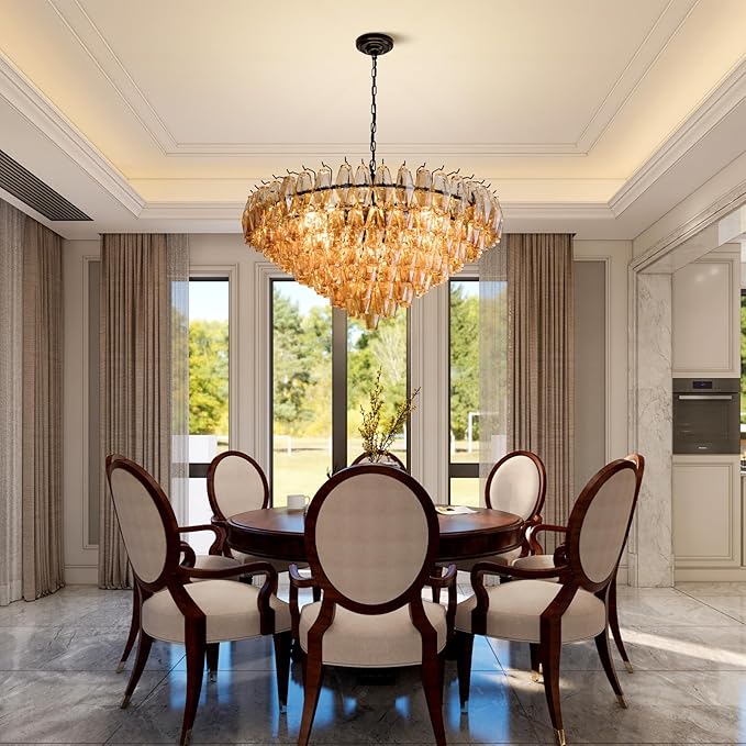 Modern Round Chandelier, 37" Extra Large Black Chandeliers for Dining Room, 14-Light with Tiered Smoke Glass Tubes Ceiling Light, Pendant Lighting Fixture for Living Room Bedroom Kitchen Island