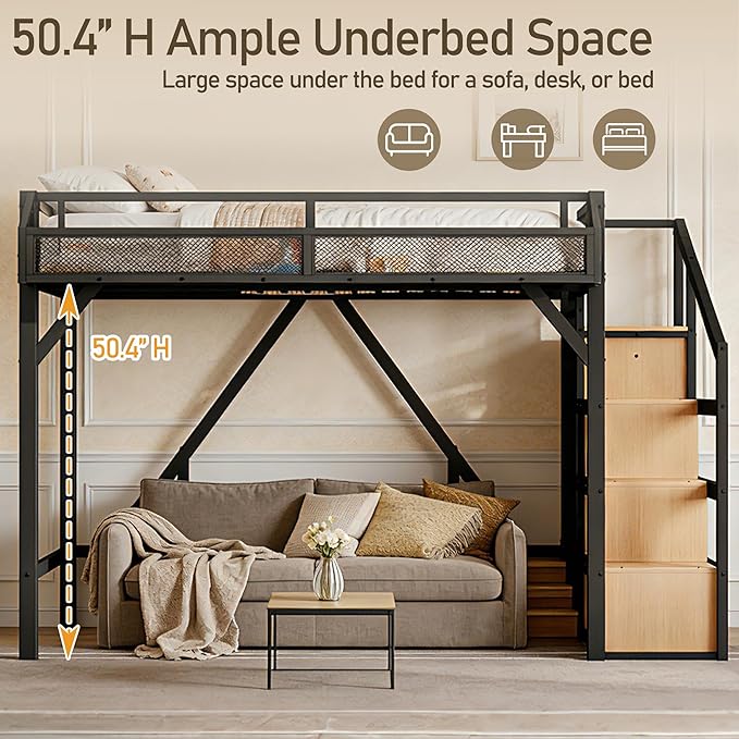 Bellemave Twin XL Loft Bed Frame with Storage Stairs, Beside Shelf & Wardrobe, Metal Loft Bed Twin XL with USB Ports & LED Light, Large Under-Bed Space Loft Beds for Adults, Teens, Kids, Black Natural