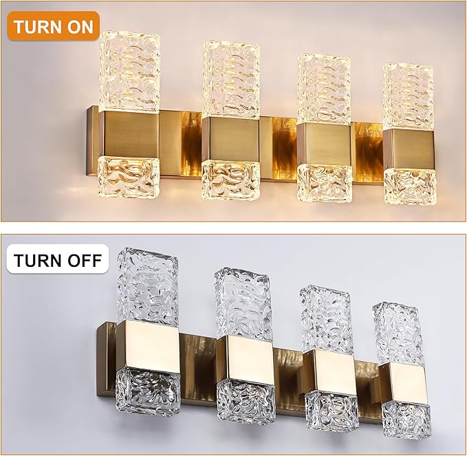 VINLUZ 4 Light LED Bathroom Light Fixtures in Brushed Brass Finish, 32W Metal Base Wall Mount Lighting with Crystal Lampshade Bath Wall Sconces for Mirror, Kitchen,Hallway