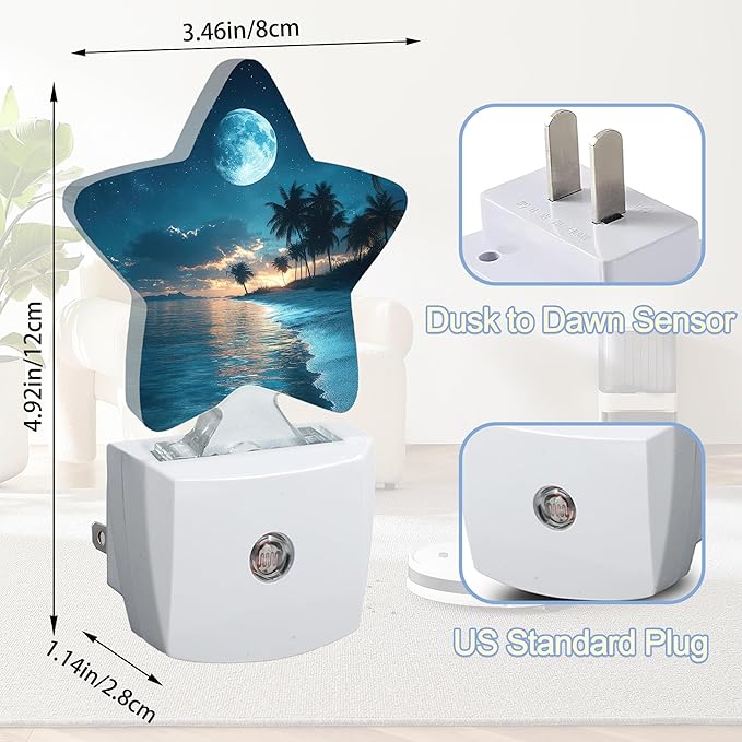 Moon Beach Night Light,Tropical Palm Tree Plug-in Star Night Lights with Dusk-to-Dawn Sensor for Bedroom,Bathroom,Living Room Sleep Friendly Lamp for Women Girls Boys Gift,0.5W