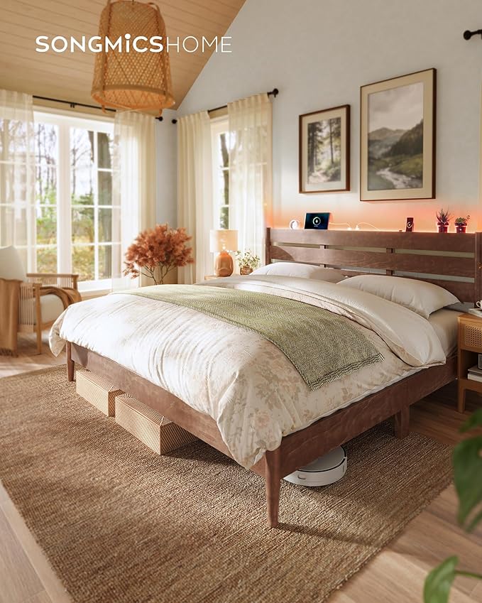 SONGMICS Home King Bed Frame with Headboard, LED Lights & Charging Station, Solid Wood Legs and Slats, Mid-Century Modern Platform Bed, No Box Spring Needed, Coffee Brown URMB414K02V1