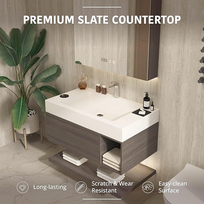 42" Modern Floating Bathroom Vanity Set with Sink, LED Smart Mirror Cabinet, Soft-Close Drawer and Open Storage Shelves, Grey Oak