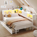 DICTAC Twin Corner Bed Frame with Bookcase Storage and Led Lights Twin Size Metal Platform Bed Frames with Storage Drawers and Charging Station Twin Size Daybed for Kids and Teen,Kids Bed Frame,White