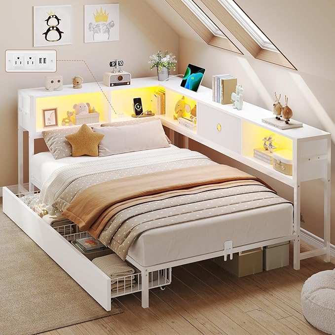 DICTAC Twin Corner Bed Frame with Bookcase Storage and Led Lights Twin Size Metal Platform Bed Frames with Storage Drawers and Charging Station Twin Size Daybed for Kids and Teen,Kids Bed Frame,White