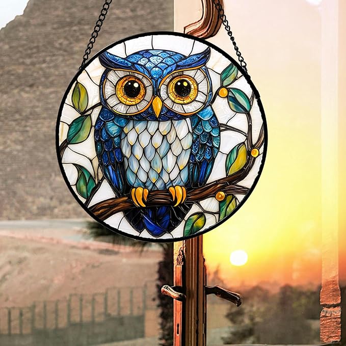 Stained Glass Window Hanging, Owl Gifts for Women Sun Catchers Diamond Glass Panel Hangings Birds Suncatcher Decor for Birthday for Women, Men, Wife, Aunt, and Mom 14.9x14.9 in