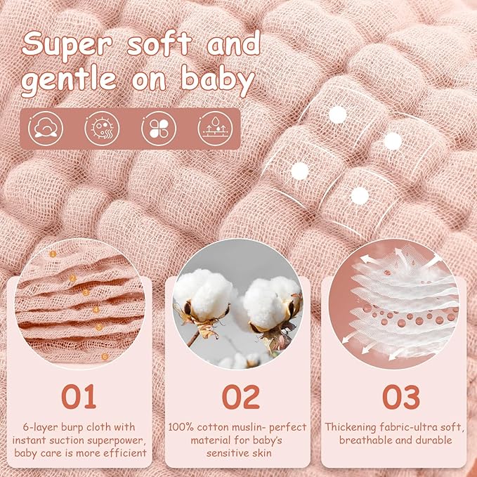 Looxii Muslin Burp Cloths 100% Cotton Muslin Cloths Large 20''x10'' Extra Soft and Absorbent 6 Pack Baby Burping Cloth for Boys and Girls Shell Pink