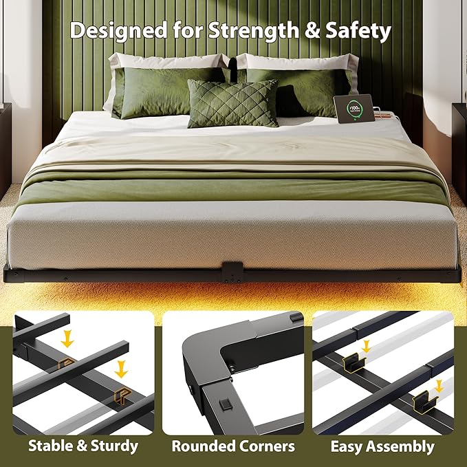 King Size Bed Frame, Floating Bed Frame King Size with Charging Station & LED Lights, Modern Metal Platform Bed with Mattress Slide Stopper, Noise-Free, No Box Spring Needed, Easy Assembly