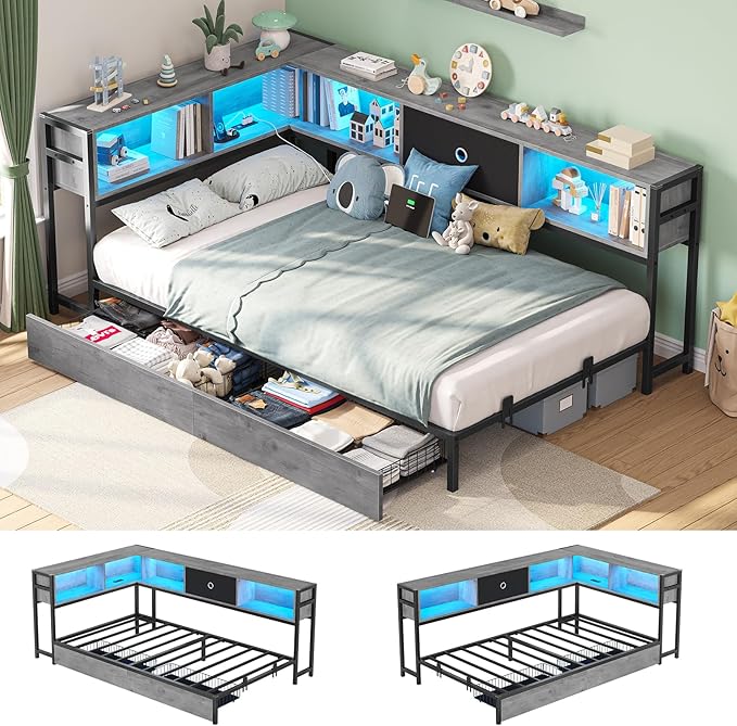 Hasuit Twin Corner Bed Frame with Storage Drawers and Bookcase Headboard, Twin Size Metal Platform Corner Bed Frame with Charging Station and LED Lights, Twin Daybed for Kids Teens Guests, Oak Gray