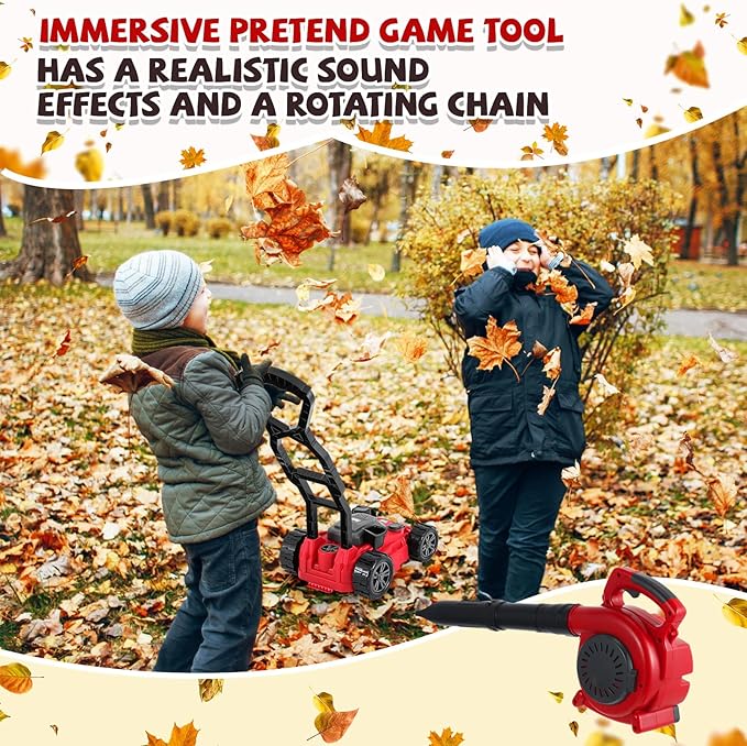3 Pcs Toy Gardening Tool Set for Kids Toy Leaf Blower Hedge Trimmer Push Lawn Mower Play Set with Lights and Sounds Christmas Birthday Gifts for Boys Girls