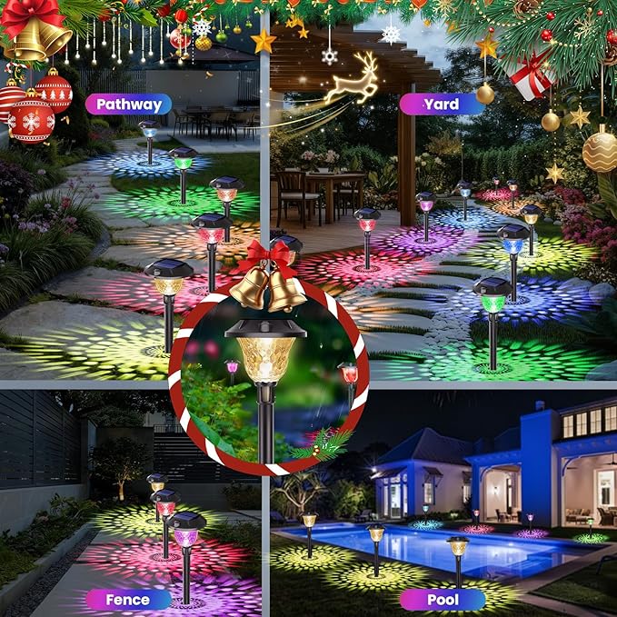 4Pack Solar Pathway Lights Outdoor Waterproof, Multicolor & Warm White Changing LED Solar Lights Christmas Decorations Outdoor with Auto On/Off for Garden, Yard, Patio, Walkway (4, Multicolor)