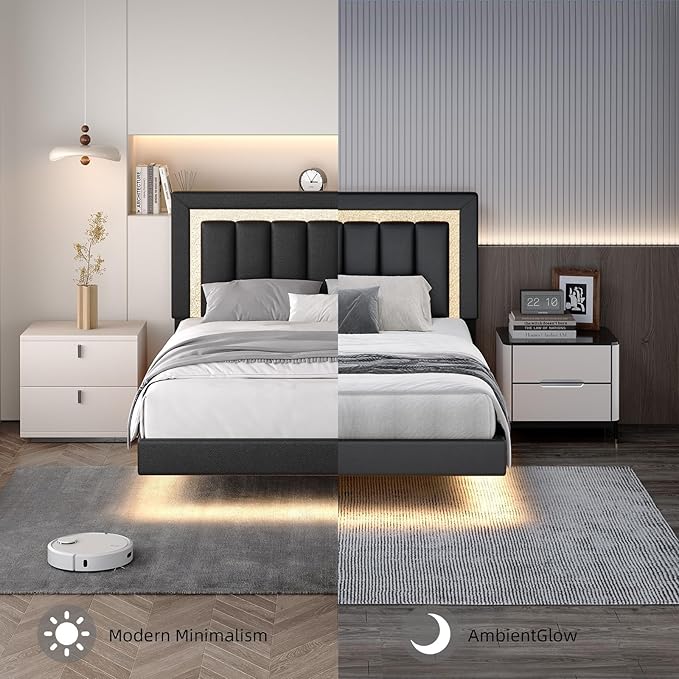 HOMBCK Floating Bed Frame Full with Smart LED Lights, Faux Leather Upholstered Bed Frame Full with Diamond Headboard, No Box Spring Needed, Noise Free, Easy Assembly, Black