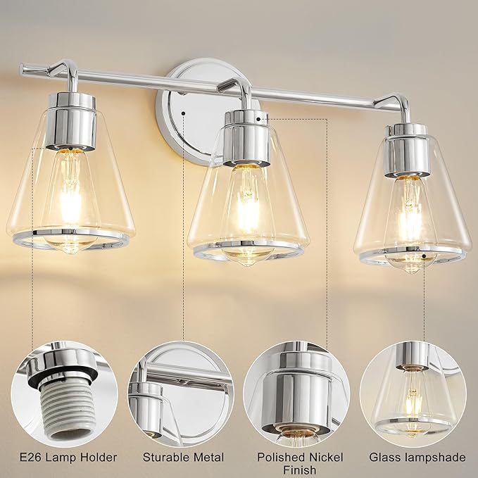 Bathroom Vanity Light - 3 Light Over Mirror Lighting Fixture with Clear Glass Shade, 22 inch Modern Wall Sconce, Polished Nickel